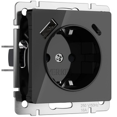 Изображение Розетка с заземлением, шторками и USB тип A+C (черный акрил) W1171748