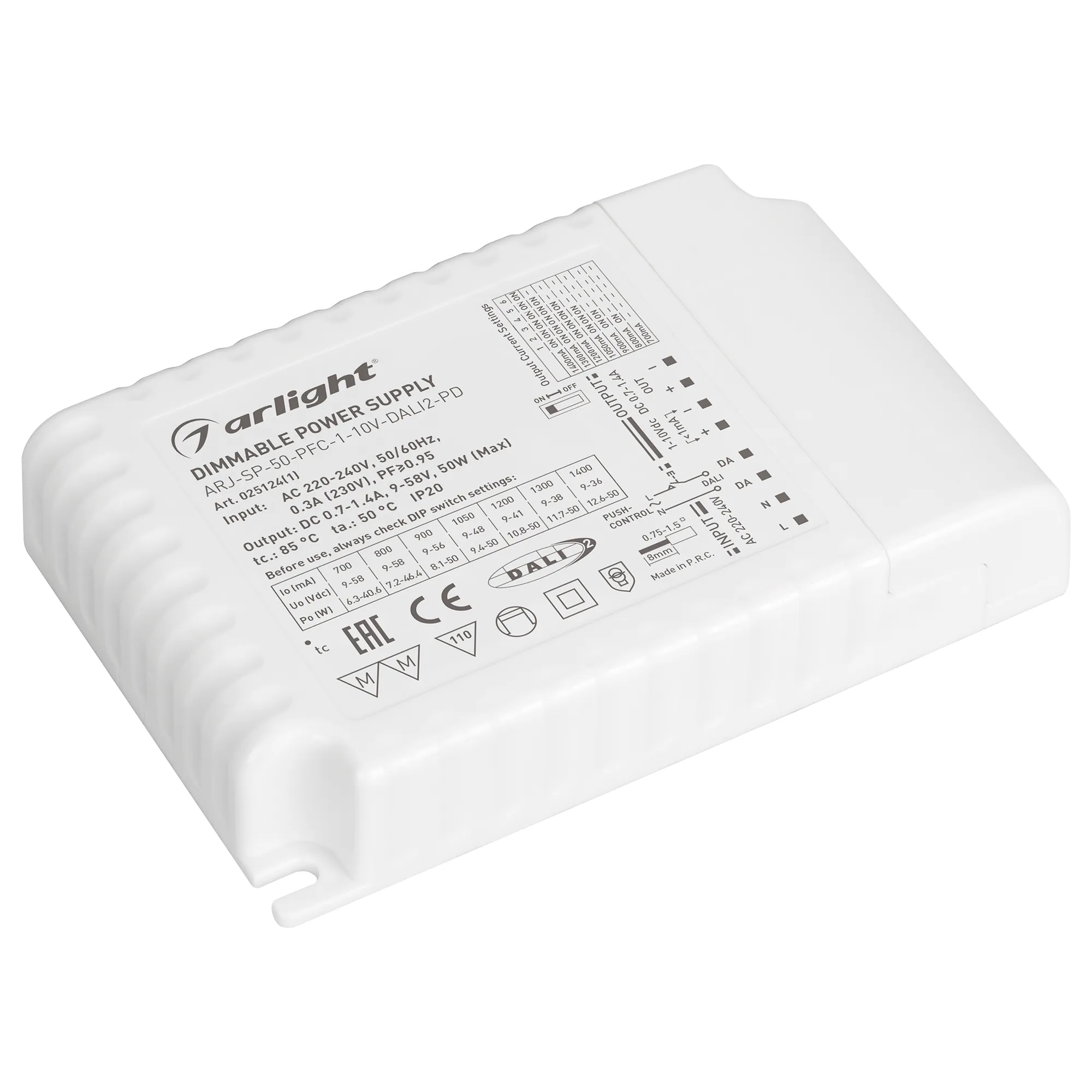 Блок питания ARJ-SP-50-PFC-1-10V-DALI2-PD (50W, 700-1400mA) (Arlight, IP20 Пластик, 5 лет) - Изображение