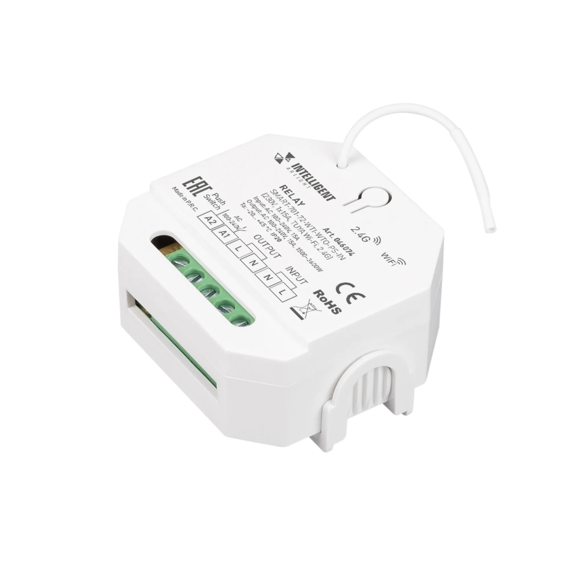 INTELLIGENT ARLIGHT Релейный модуль SMART-701-72-WTI-WTO-PS-IN  (230V, 1x15A, TUYA Wi-Fi, 2.4G) (IARL, IP20 Пластик, 5 лет) - Изображение