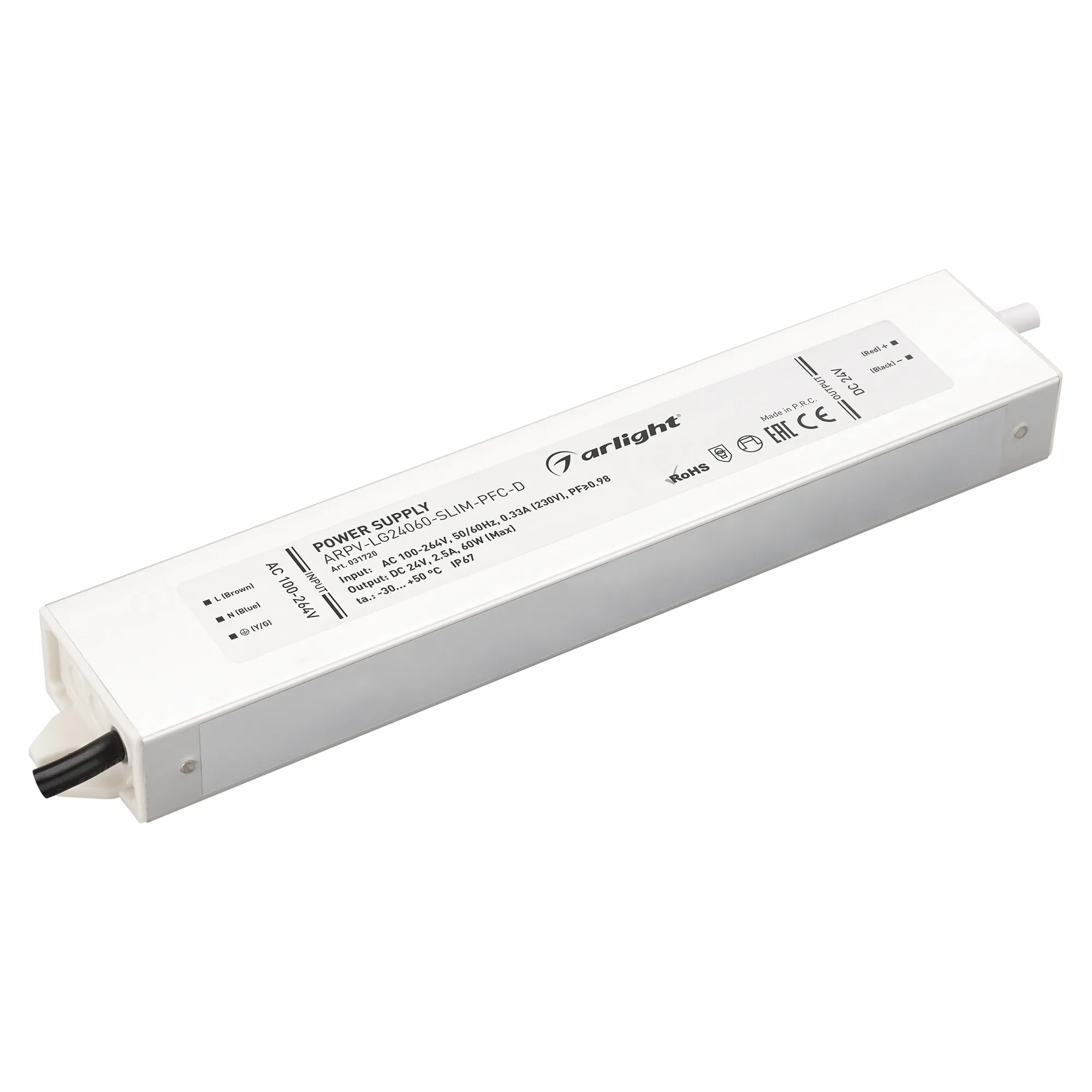 Блок питания ARPV-LG24060-SLIM-PFC-D (24V, 2.5A, 60W) (Arlight, IP67 Металл, 5 лет) - Изображение