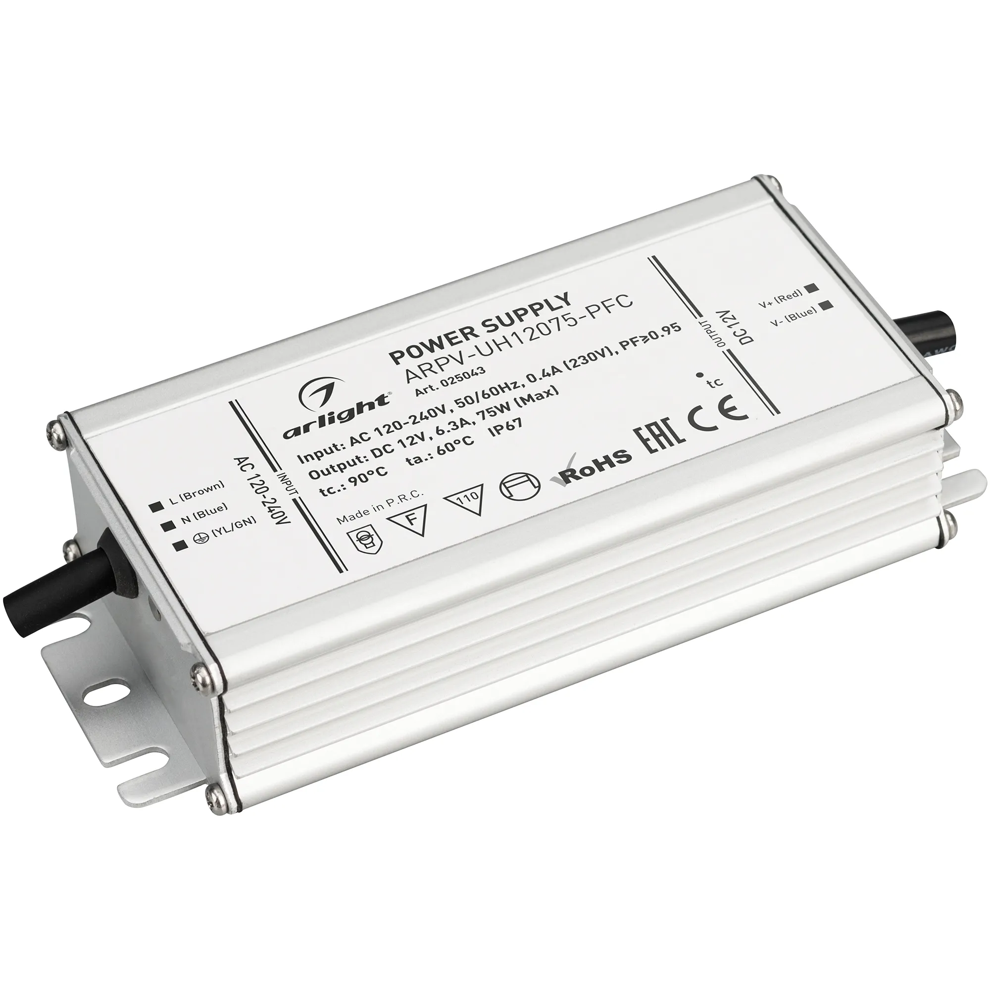 Блок питания ARPV-UH12075-PFC (12V, 6.3A, 75W) (Arlight, IP67 Металл, 7 лет) - Изображение