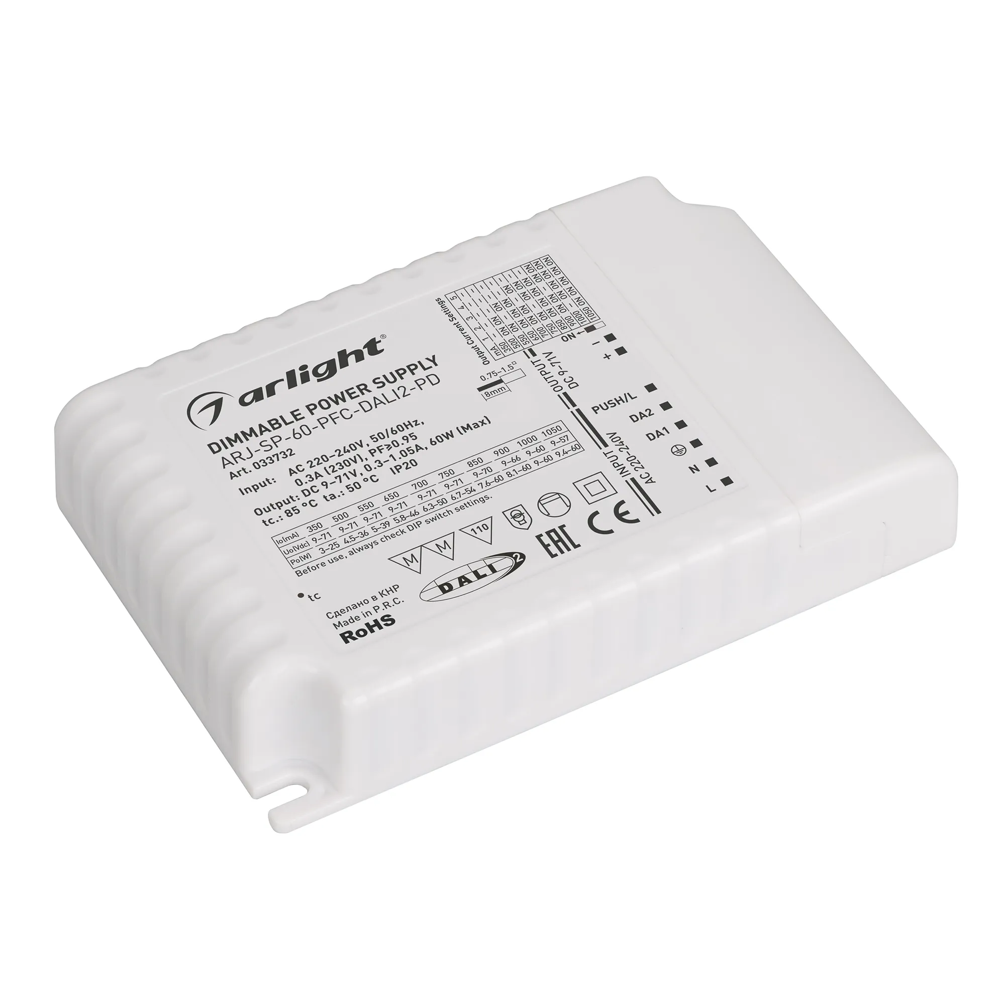 Блок питания ARJ-SP-60-PFC-DALI2-PD (60W, 9-71V, 0.35 -1.05A) (Arlight, IP20 Пластик, 5 лет) - Изображение