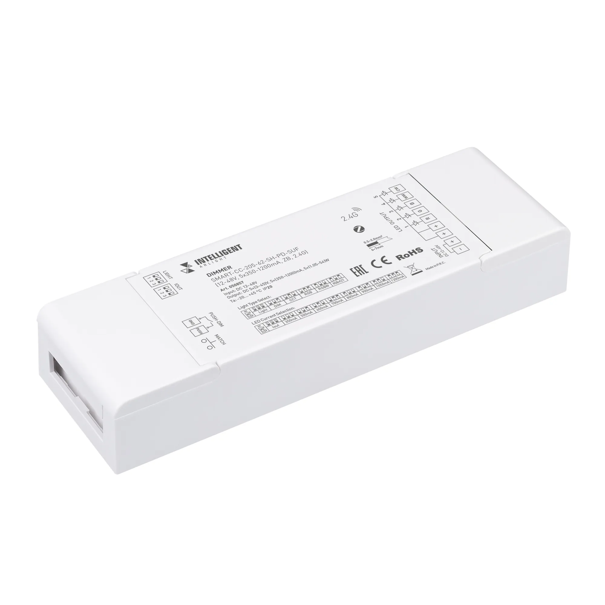 INTELLIGENT ARLIGHT Диммер SMART-CC-205-62-SH-PD-SUF (12-48V, 5x350-1200mA, ZB, 2.4G) (IARL, IP20 Пластик, 5 лет) - Изображение