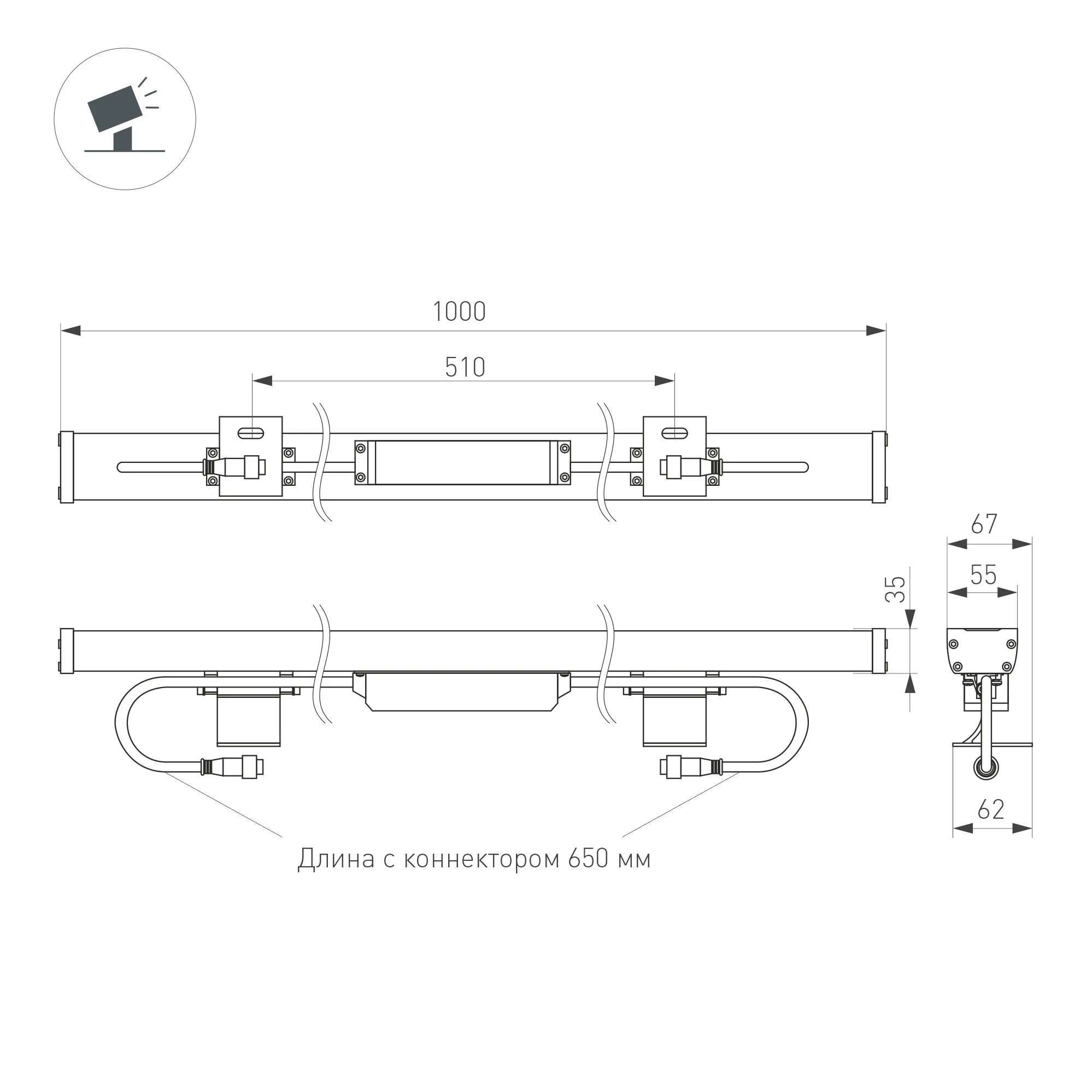Линейный прожектор AR-LINE-1000-36W Warm3000 (GR, 30 deg, 230V) (Arlight, IP65 Металл, 3 года) - Изображение