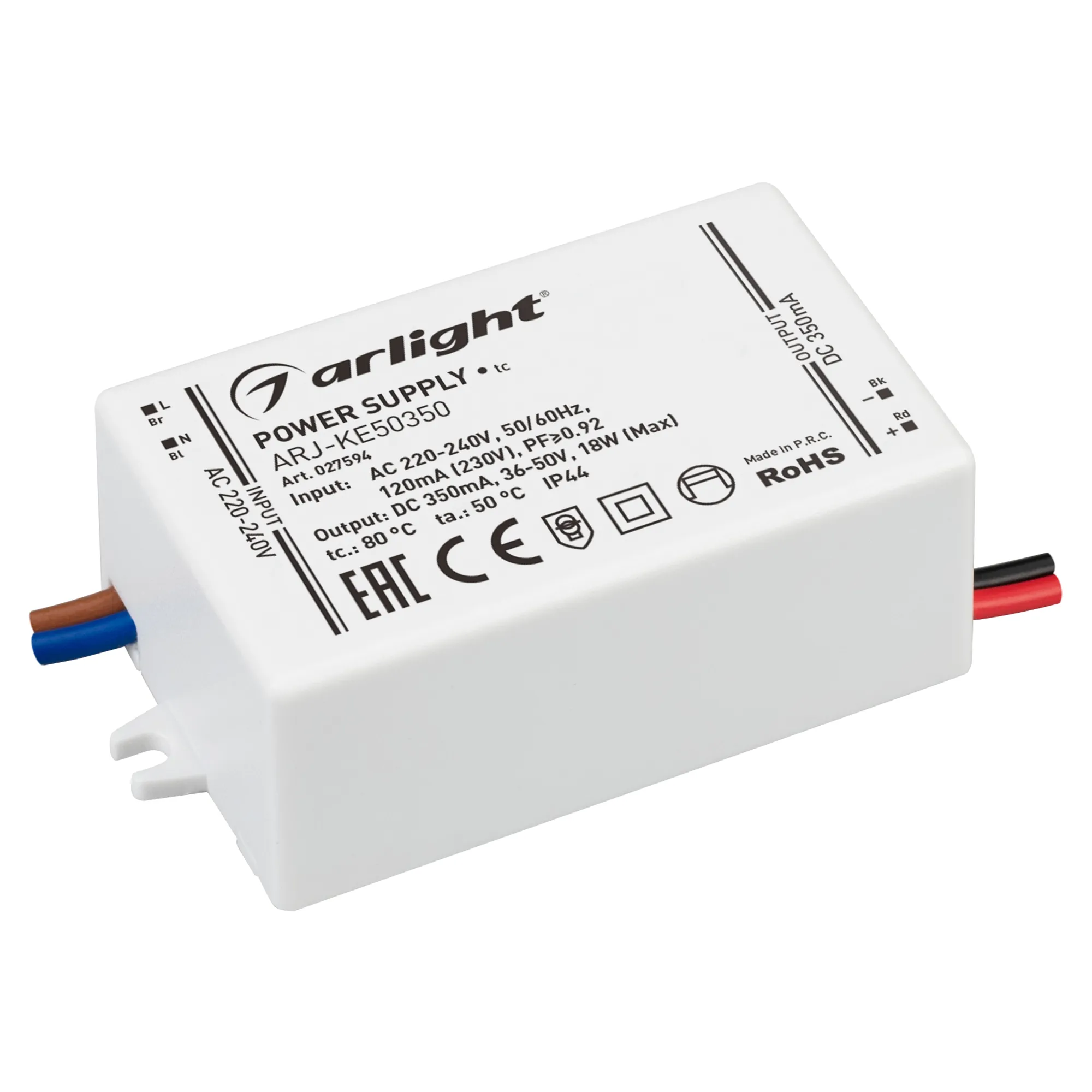 Блок питания ARJ-KE50350 (18W, 350mA, PFC) (Arlight, IP44 Пластик, 5 лет) - Изображение