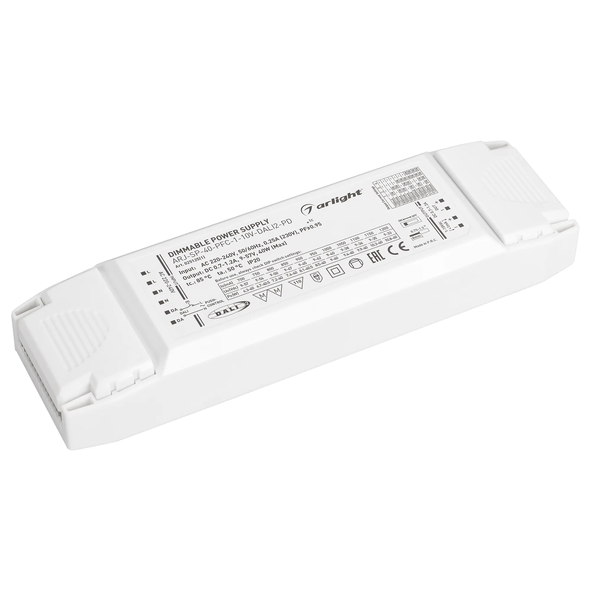 Блок питания ARJ-SP-40-PFC-1-10V-DALI2-PD (40W, 700-1200mA) (Arlight, IP20 Пластик, 5 лет) - Изображение