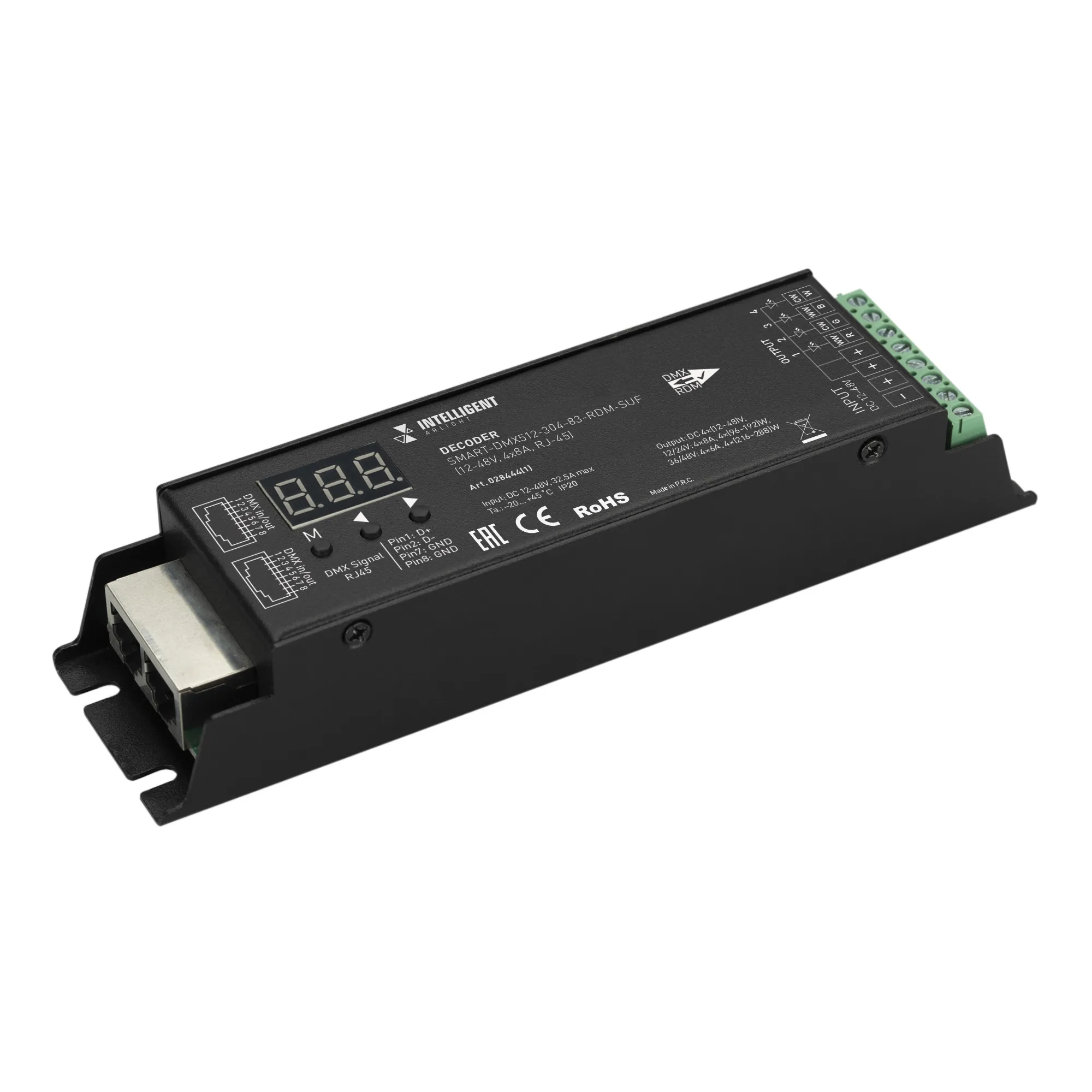INTELLIGENT ARLIGHT Декодер SMART-DMX512-304-83-RDM-SUF Black (12-48V, 4x8A, RJ-45) (IARL, IP20 Металл, 5 лет) - Изображение