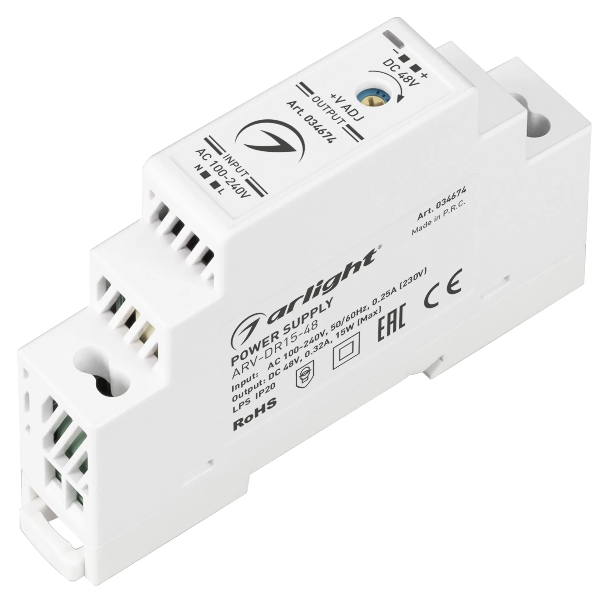 Блок питания ARV-DR15-48 (48V, 0.32A, 15W) (Arlight, IP20 DIN-рейка) - Изображение