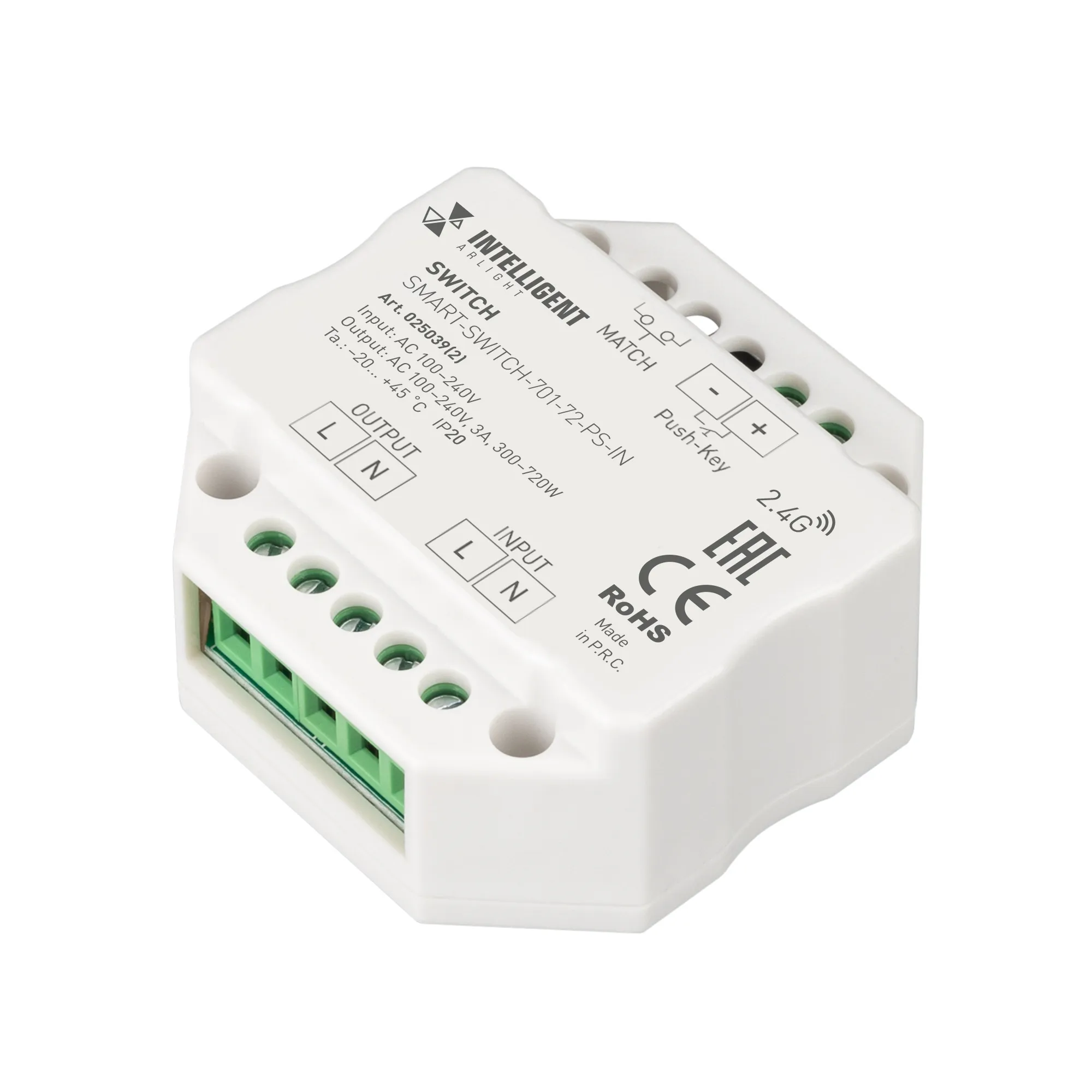 INTELLIGENT ARLIGHT Релейный модуль SMART-SWITCH-701-72-PS-IN  (230V, 1x3A, 2.4G) (IARL, IP20 Пластик, 5 лет) - Изображение