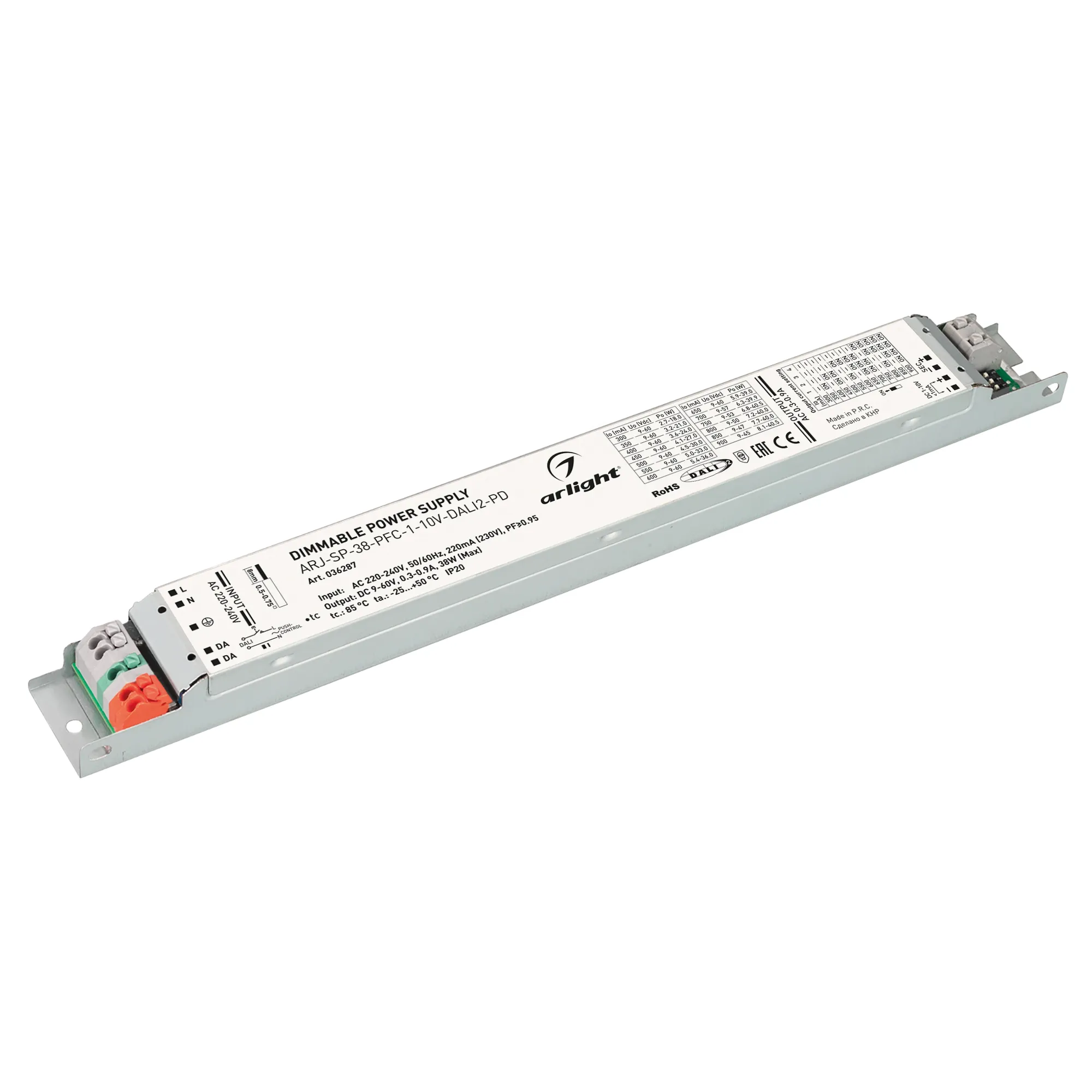 Блок питания ARJ-SP-38-PFC-1-10V-DALI2-PD (38W, 9-60V, 0.3-0.9A) (Arlight, IP20 Металл, 5 лет) - Изображение