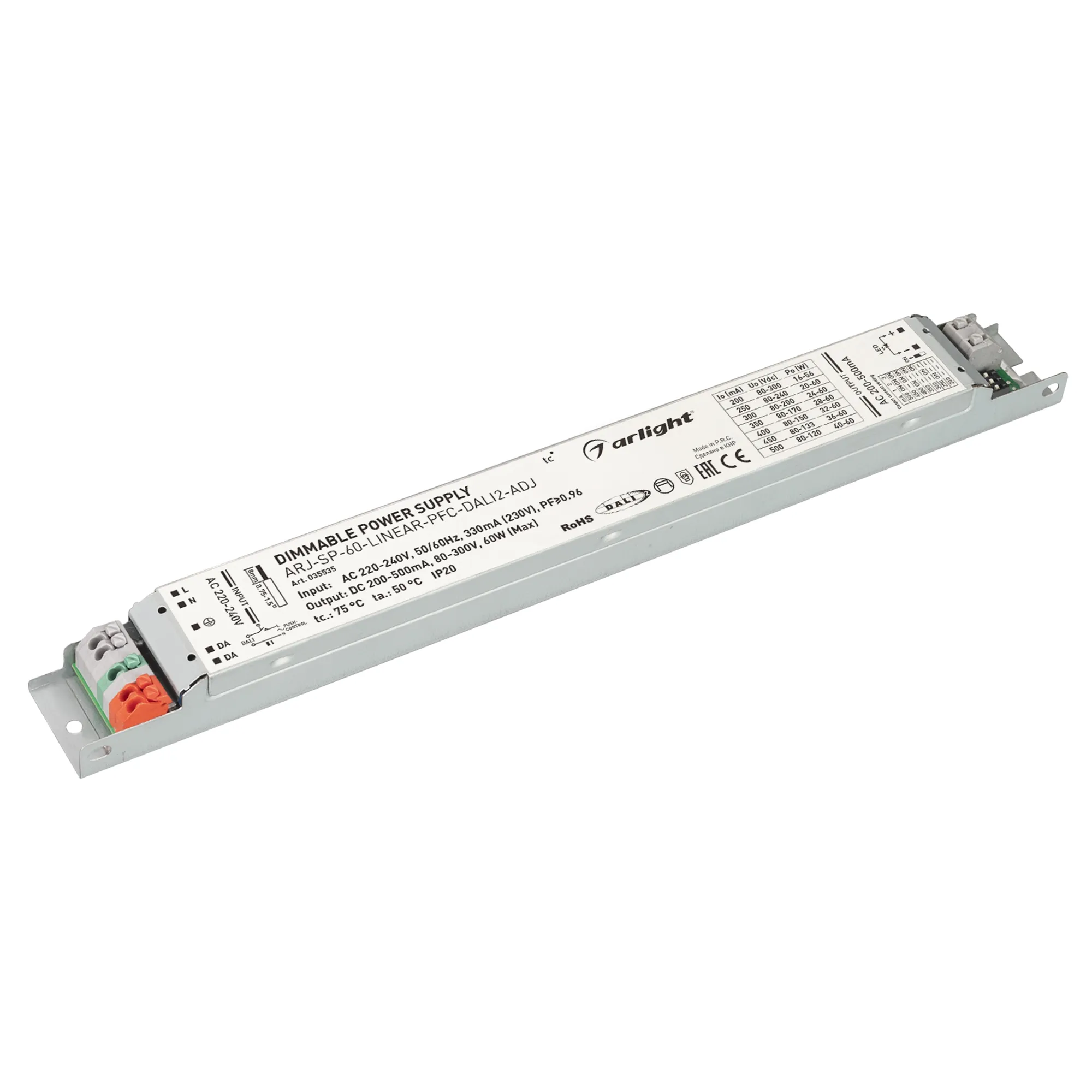 Блок питания ARJ-SP-60-LINEAR-PFC-DALI2-ADJ (60W, 80-300V, 0.2-0.5A) (Arlight, IP20 Металл, 5 лет) - Изображение