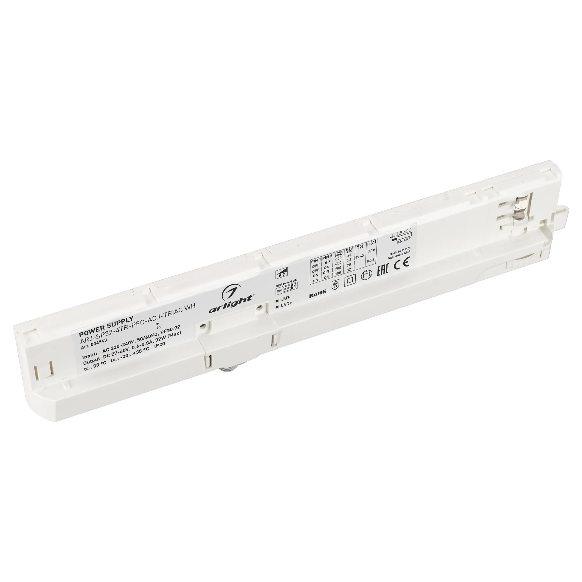 Блок питания для трековых систем ARJ-SP30-4TR-PFC-ADJ-TRIAC WH (30W, 0.6-0.75A, 27-40V) (Arlight, IP20 Пластик, 5 лет) - Изображение